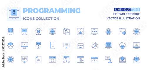 Programming icons collection. Line Duotone style, editable stroke. coding, programming, layer, programming language, code, web, fast time, gear, application, www