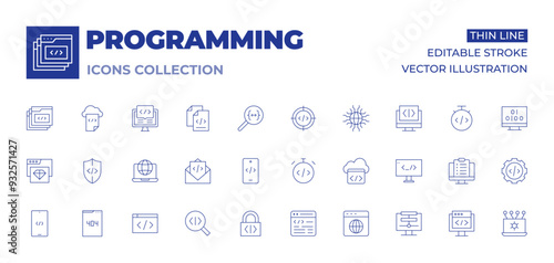 Programming icons collection. Thin Line icons, editable stroke. development, time, cloud, software, padlock, coding, web page, data, clean code, shield, error, world wide web, email, code