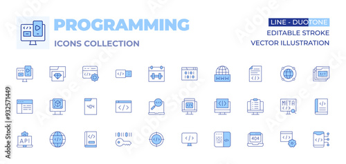Programming icons collection. Line Duotone style, editable stroke. coding, usability, code, encrypt, d modeling, programming, api, book, software engineering, error, Frame, search, webpage
