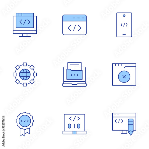 Programming icons set. Line Duotone style, editable stroke. quality, code, edit code, development, software, coding, world, programming, no results