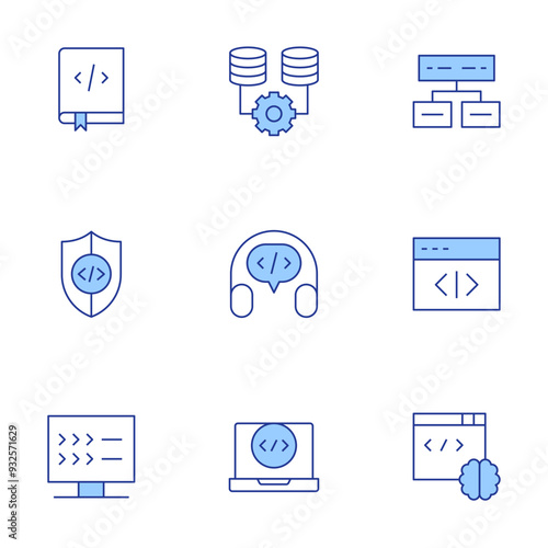 Programming icons set. Line Duotone style, editable stroke. programming, coding book, support, program, database, shield, coding, script photo