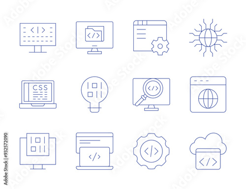 Programming icons. Thin Line style, editable stroke. css, web, cloud, web page, programming, folder, innovation, web development, binary code, analysis