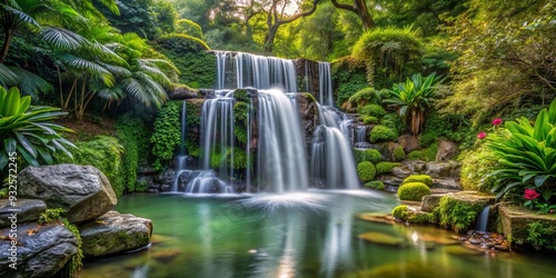 A serene waterfall flowing in a lush garden surrounded by nature, with a long exposure capturing the tranquil beauty of the landscape