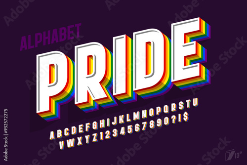 Colorful rainbow flag alphabet design design, original letters and numbers.