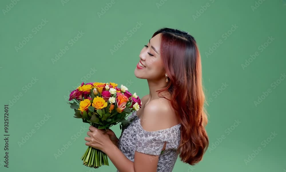 Smiling Woman Holding Bouquet of Flowers with ai generated.
Smiling Woman Holding Bouquet of Flowers with ai generated.