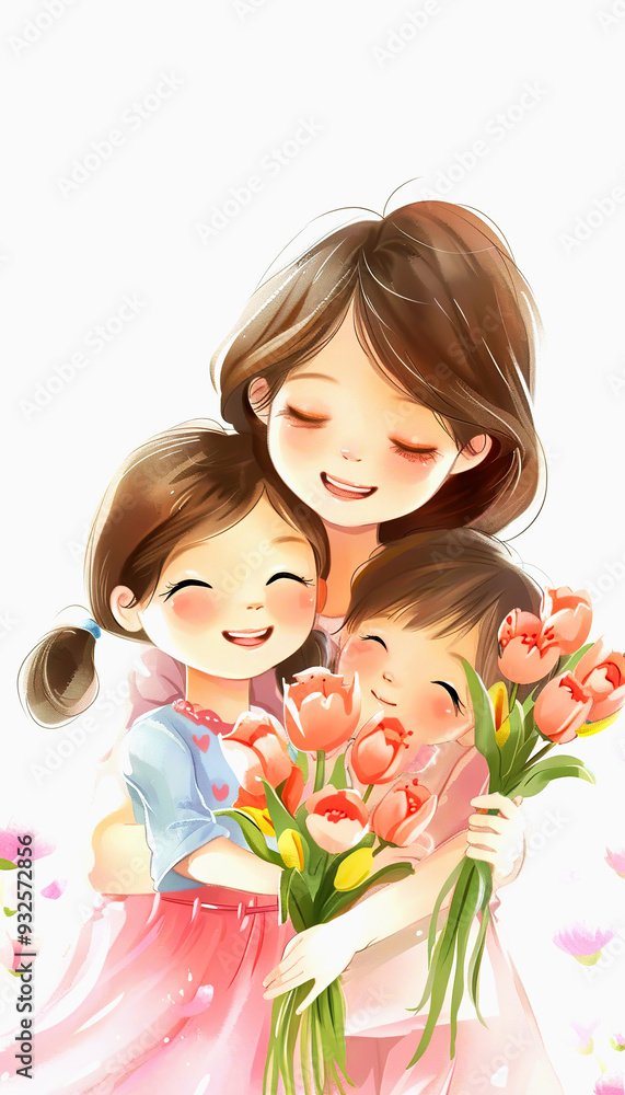 Mother and her two daughters smiling with a bouquet of pink tulips Mother and her two daughters smiling with a bouquet of pink tulips
