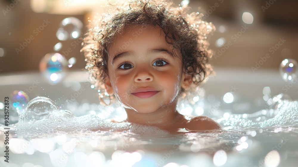 Happy Baby Girl Playing in Bubble Bath with Sunlight Happy Baby Girl Playing in Bubble Bath with Sunlight