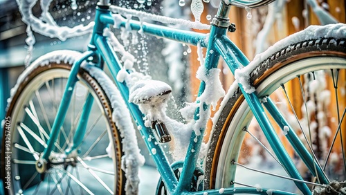 A close-up image of a bicycle being washed with foam soap and water