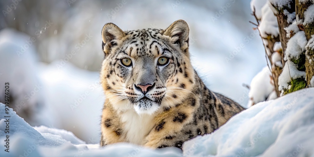 Snow leopard camouflaged in the snowy landscape, staring at the viewer, snow, leopard, animal, predator, wildlife, nature Snow leopard camouflaged in the snowy landscape, staring at the viewer, snow, leopard, animal, predator, wildlife, nature