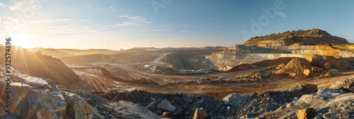 Scenic view of a sunlit open pit mining site in the morning under clear skies. photo