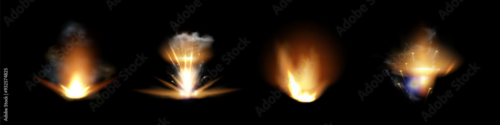 Gun flashes with smoke and fire sparkles. Pistol shots clouds, muzzle shotgun explosion. Blast motion, weapon bullets trails isolated on black background. Gun flashes with smoke and fire sparkles. Pistol shots clouds, muzzle shotgun explosion. Blast motion, weapon bullets trails isolated on black background.