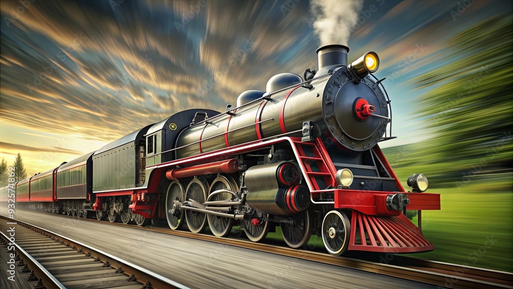 Naklejka premium Sleek black and red train engine speeding , train, locomotive, engine, transportation, speed, tracks, sleek, black, red