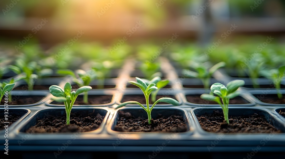 Organic Vegetable Seedlings Thriving in Trays Inside a Warm Nurturing Nursery Setting with Ample Copy Space on the Left Organic Vegetable Seedlings Thriving in Trays Inside a Warm Nurturing Nursery Setting with Ample Copy Space on the Left