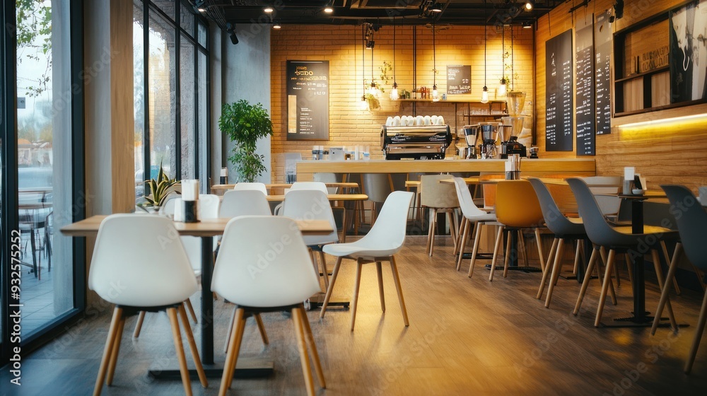 Coffee Shop Interior with Wooden Tables and Chairs Coffee Shop Interior with Wooden Tables and Chairs