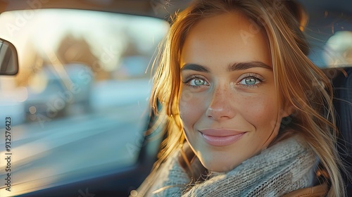 young woman drivingcar in the city portrait ofbeautiful woman incar looking out of the window,smiling photo