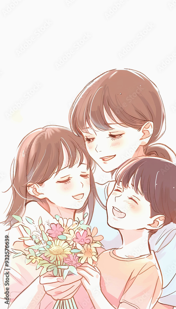 A mother and her children smiling while holding flowers A mother and her children smiling while holding flowers