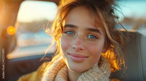 young woman drivingcar in the city portrait ofbeautiful woman incar looking out of the window,smiling photo