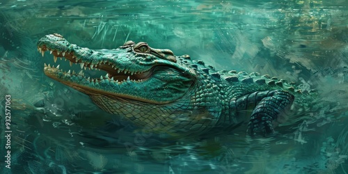 Wallpaper Mural A sizable crocodile with a long snout moves gracefully through waters of a greenish hue. Torontodigital.ca
