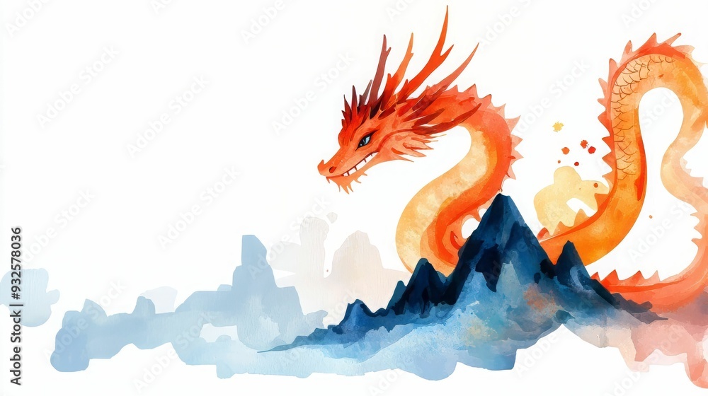 A majestic orange dragon gracefully winds around misty mountains, capturing the spirit of fantasy and adventure in vibrant watercolors. A majestic orange dragon gracefully winds around misty mountains, capturing the spirit of fantasy and adventure in vibrant watercolors.
