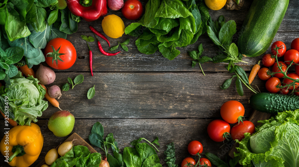 resh Organic Vegetables Framing Wooden Table with Copy Space for Text resh Organic Vegetables Framing Wooden Table with Copy Space for Text