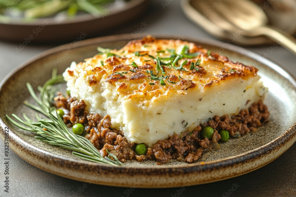Close-up of Shepherd's Pie with Rosemary Garnish on a Brown Plate Close-up of Shepherd's Pie with Rosemary Garnish on a Brown Plate