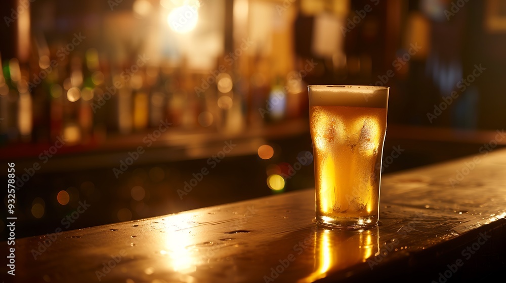 Beer Glass on Dimly Lit Bar Counter with Warm Glow Beer Glass on Dimly Lit Bar Counter with Warm Glow