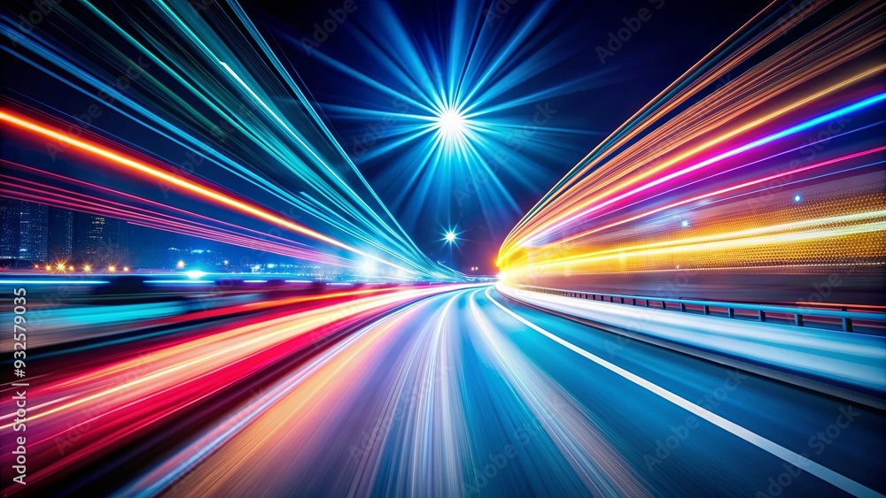 Abstract colorful streaks of speed on night road with fast-moving lights and stripes over dark background Abstract colorful streaks of speed on night road with fast-moving lights and stripes over dark background
