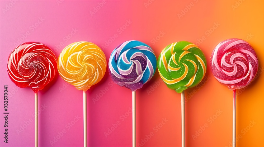 Row of Vibrant Colorful Lollipops Against Gradient Background Row of Vibrant Colorful Lollipops Against Gradient Background