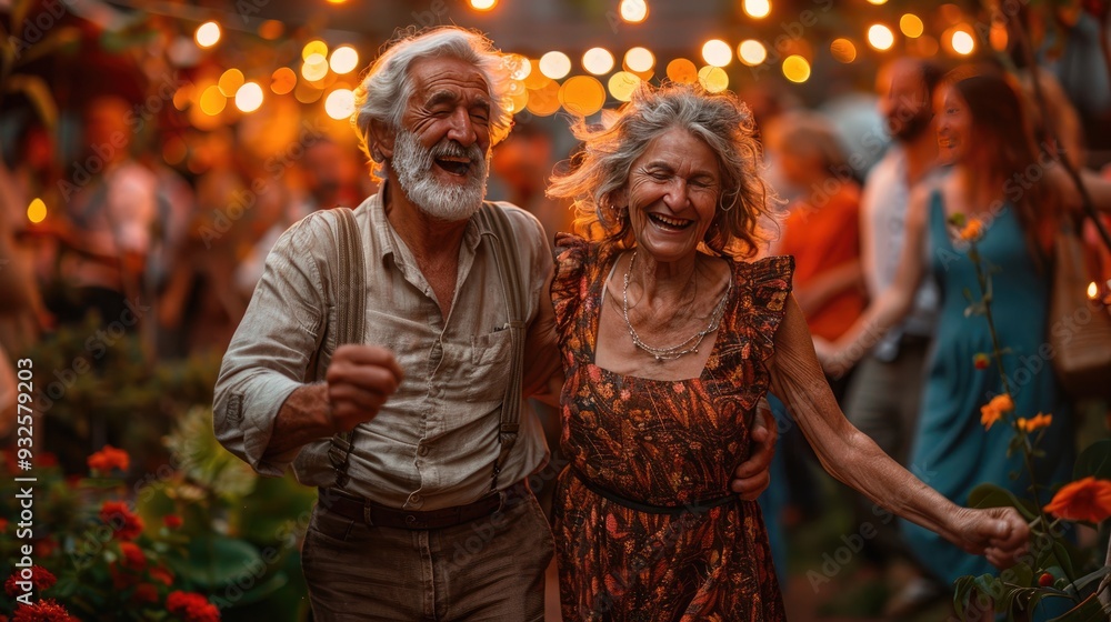 Obraz premium senior couple,family dancing,garden party outside in the backyard