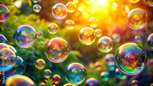 Colorful soap bubbles shining in the sunlight, creating a vibrant and iridescent rainbow background