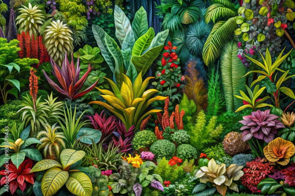 Exotic plant life overflows in a vibrant garden, showcasing intricate patterns, layered textures, and rich colors in a stunning botanical tapestry. Exotic plant life overflows in a vibrant garden, showcasing intricate patterns, layered textures, and rich colors in a stunning botanical tapestry.