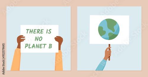 Hands hold signs with environmental messages and Earth images. This social media template emphasizes the ecology protest, with people showing community strength, and solidarity for global causes.