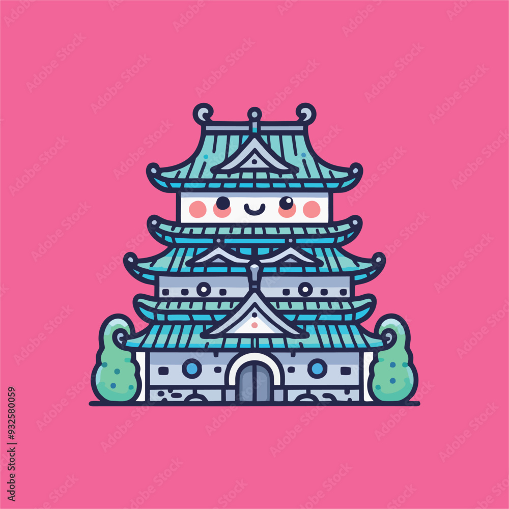 Fototapeta premium vector Japanese house with colorful lines and colors, cute characters
