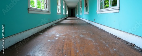 An abandoned corridor featuring wooden floor, vibrant turquoise walls, and natural light streaming through windows. photo