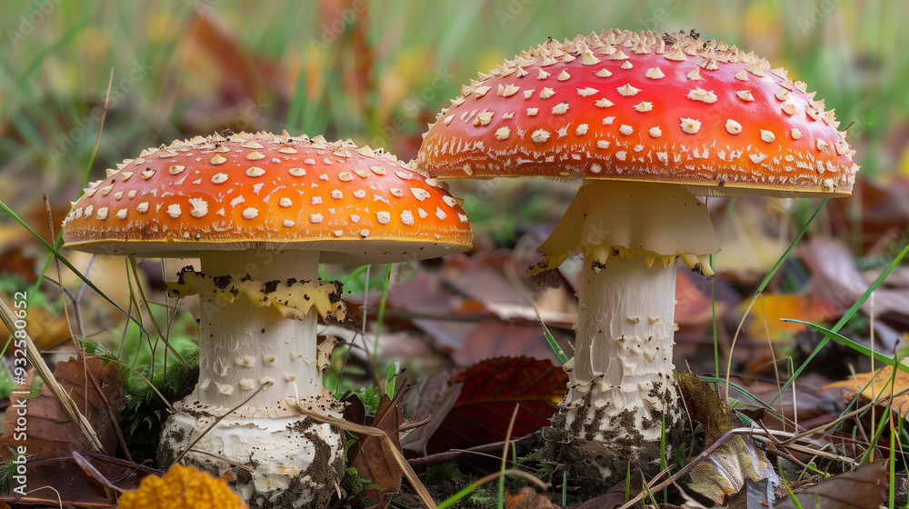 Cluster of Red and White Fly Agaric Mushrooms in an Autumn Forest Cluster of Red and White Fly Agaric Mushrooms in an Autumn Forest