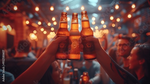 Group of Friends Raising Beer Bottles in Festive Bar