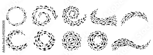 Circular school of fish creating varied and elegant shapes in the ocean. This underwater imagery captures marine patterns and life in the sea, presenting a harmonious aquatic scene.