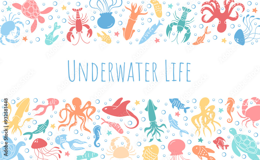 Web banner with tropical marine animals like octopus, jellyfish, and sea turtle with colorful aquatic animals. Detailed underwater life vector design in ocean water reef setting. Web banner with tropical marine animals like octopus, jellyfish, and sea turtle with colorful aquatic animals. Detailed underwater life vector design in ocean water reef setting.