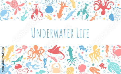 Web banner with tropical marine animals like octopus, jellyfish, and sea turtle with colorful aquatic animals. Detailed underwater life vector design in ocean water reef setting.