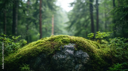 Green Mossy Rock in a Rainy Forest