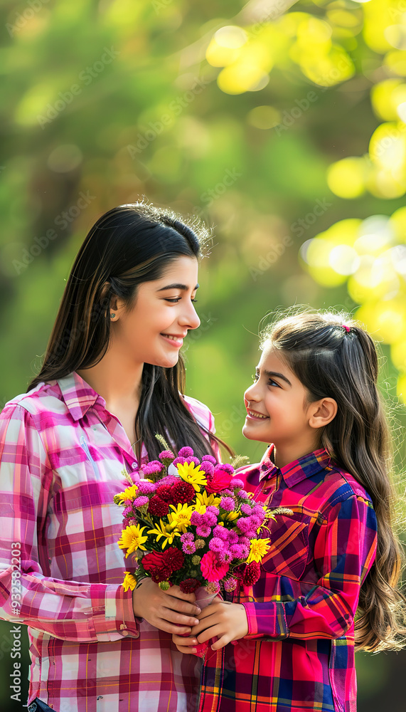 Two young women in plaid shirts, holding flowers and smiling at each other Two young women in plaid shirts, holding flowers and smiling at each other