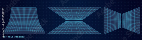 Futuristic 3D grid shapes with wireframe mesh in abstract design. Cool geometric perspective pattern in cyberpunk aesthetic, featuring retro Y2K techno elements. Digital art with neon tech vibes.