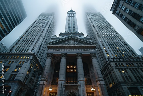 A city skyline with a large building in the center