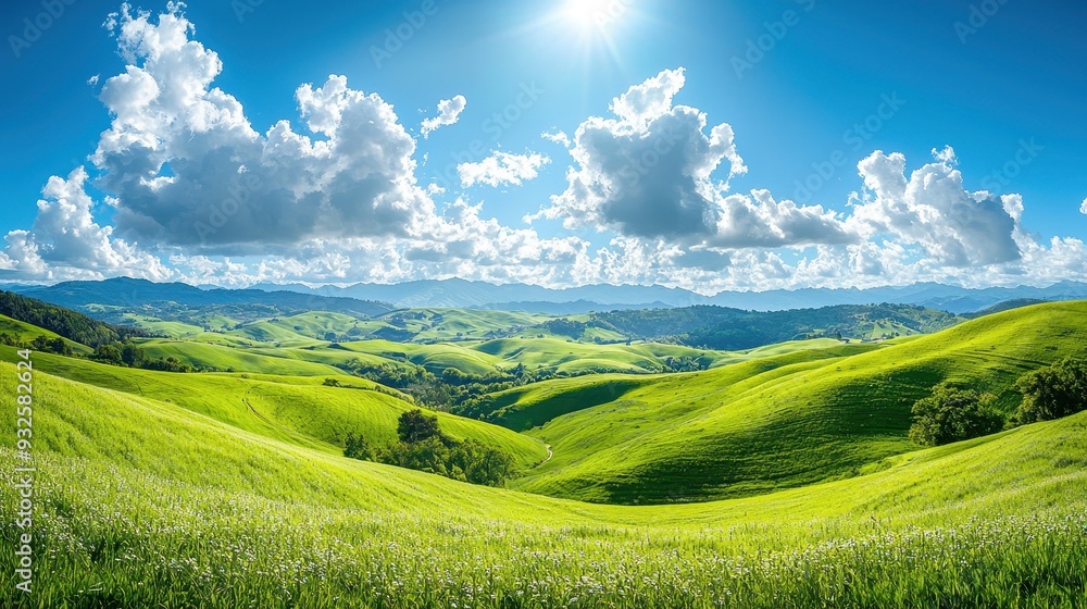 Fototapeta premium Rolling Green Hills Landscape with Blue Sky and Sun