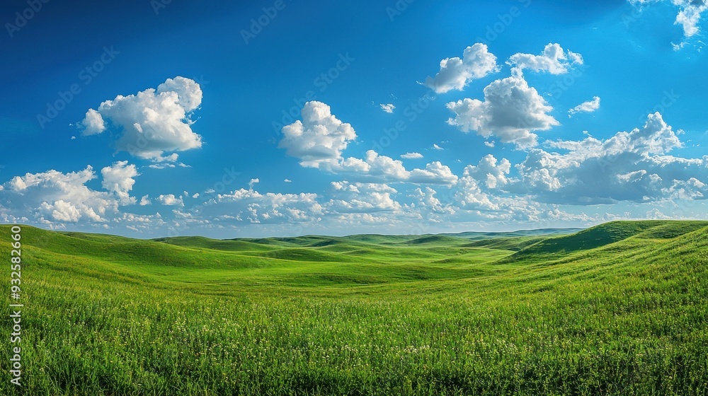 Fototapeta premium Rolling Green Hills with Blue Sky and Fluffy Clouds
