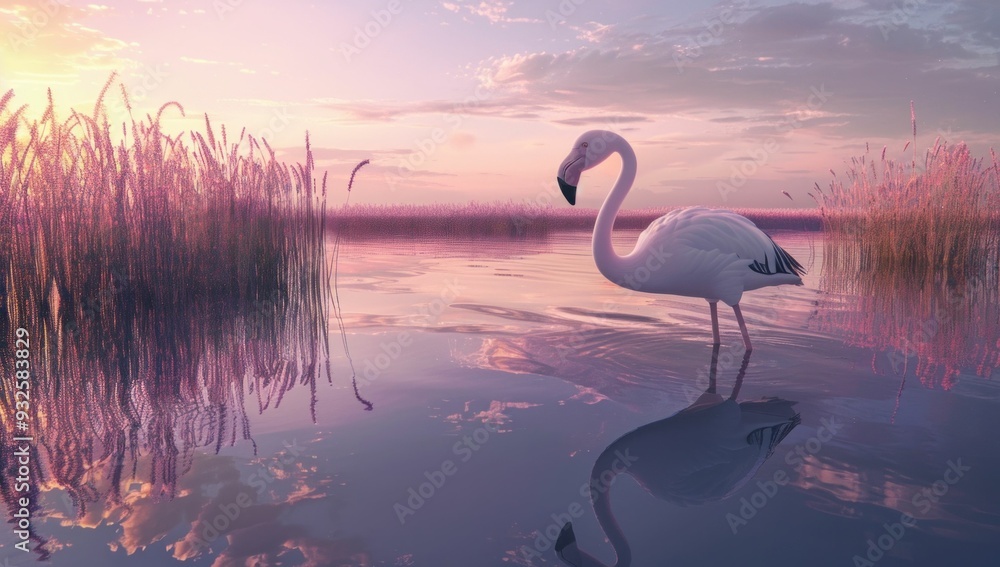 Fototapeta premium Beautiful Flamingo Silhouette in Serene Waters at Sunset with Breathtaking Grass Landscape Background