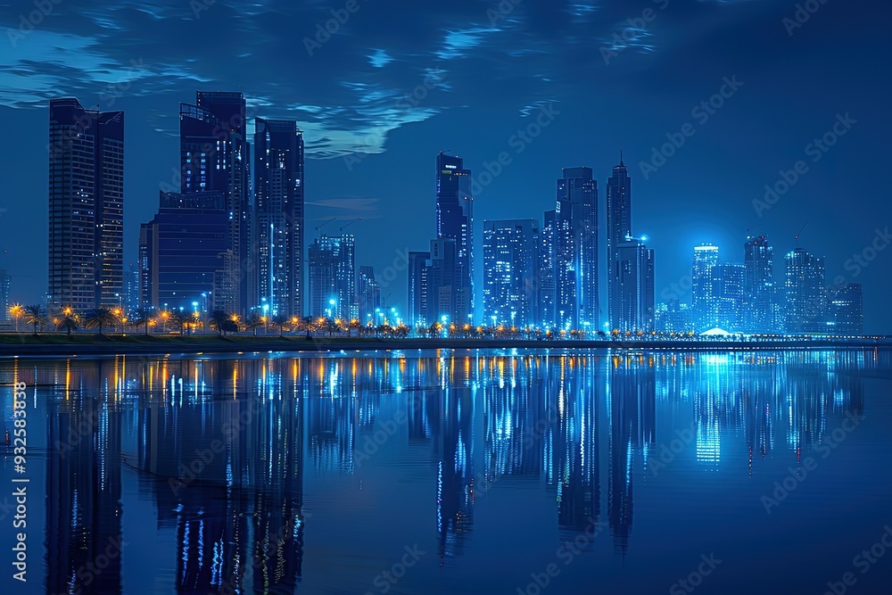 Fototapeta premium A city skyline is reflected in the water