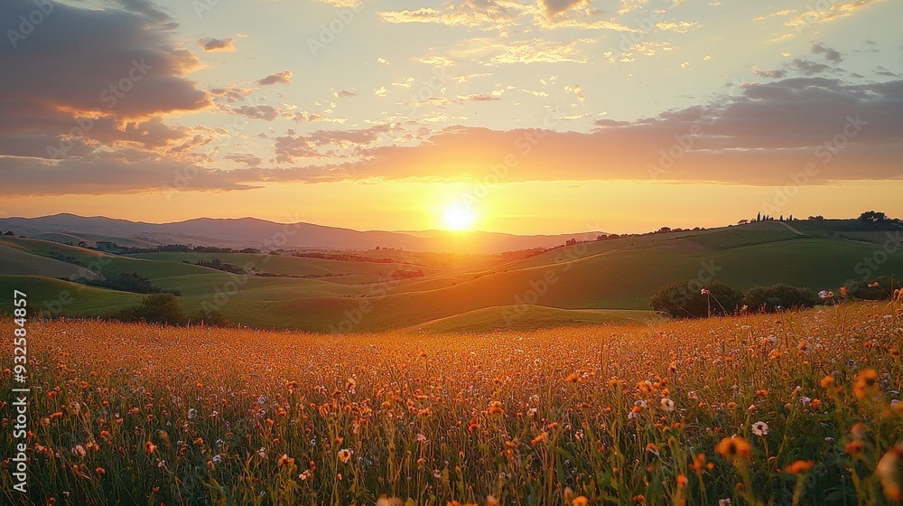 Sunset Over Rolling Hills and Wildflowers Sunset Over Rolling Hills and Wildflowers