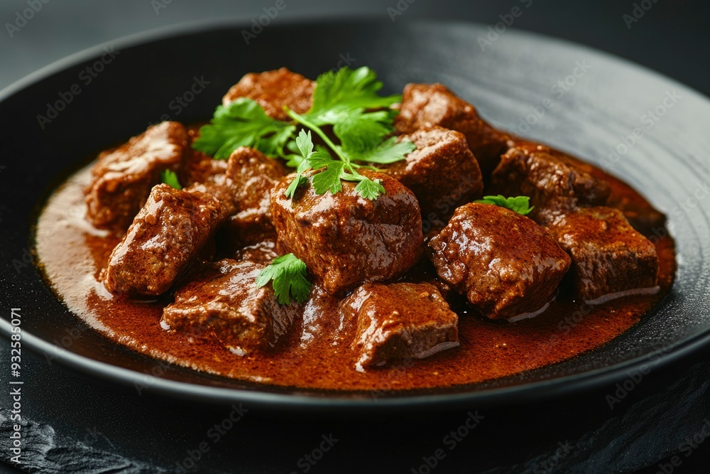 Close-up of Beef Stew with Parsley Garnish in Black Bowl Close-up of Beef Stew with Parsley Garnish in Black Bowl