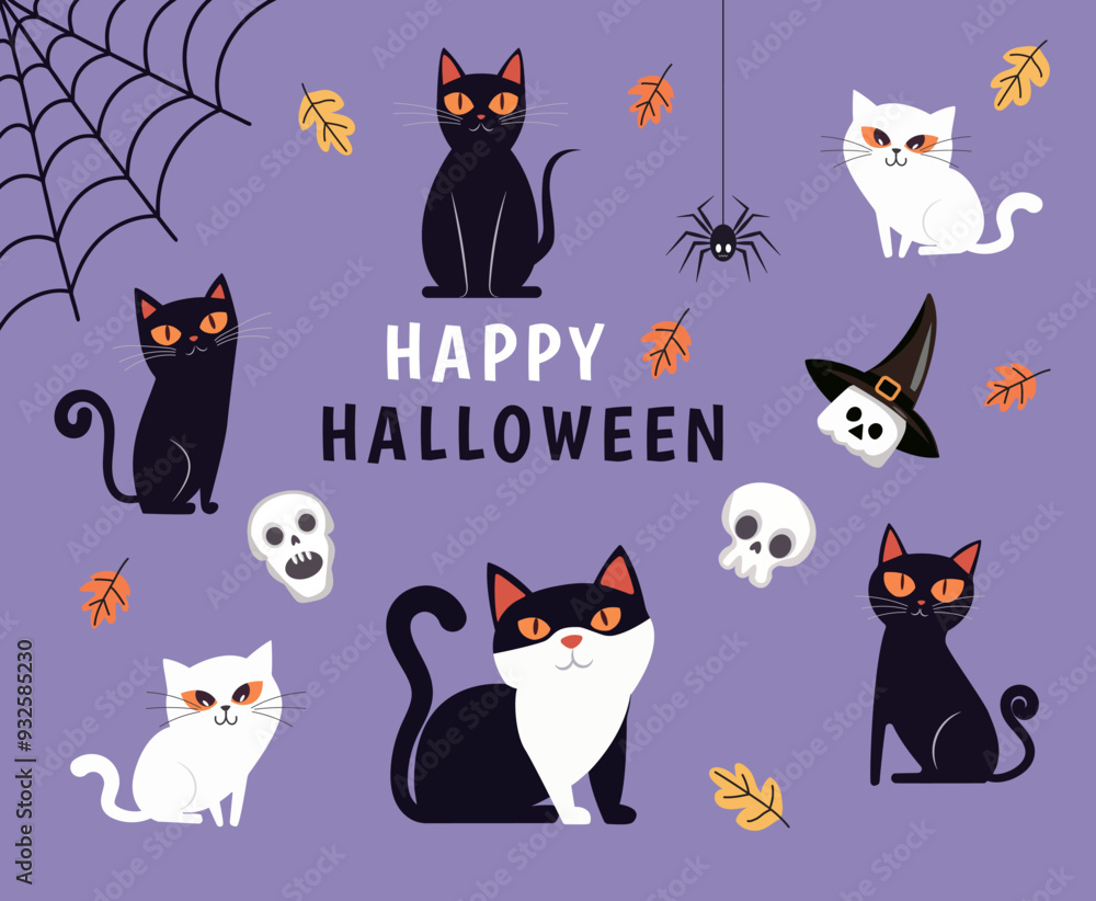Black and white cats; skulls and a spider. The Halloween holiday. Black and white cats; skulls and a spider. The Halloween holiday.